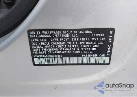2016 Volkswagen Passat 1.8T Se from USA, damaged, VIN 1VWBS7A38GC035668